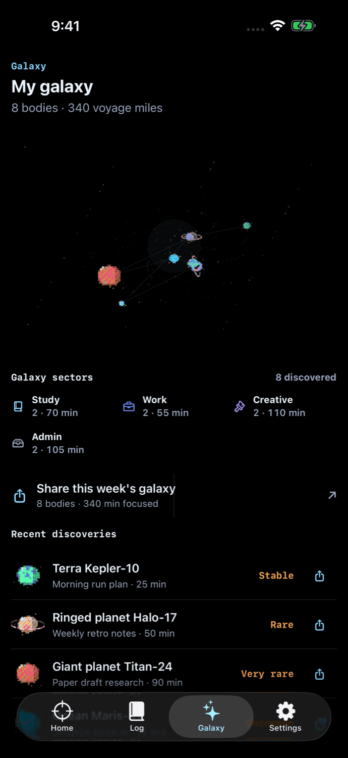 Apsis galaxy — finished missions collected as pixel planets on a 3D star map