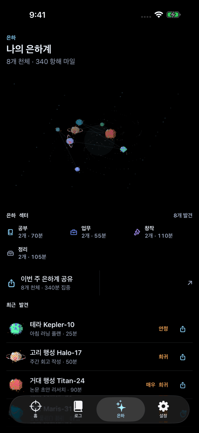 Apsis 은하 화면 — 끝낸 미션이 픽셀 행성으로 쌓인 3D 성도